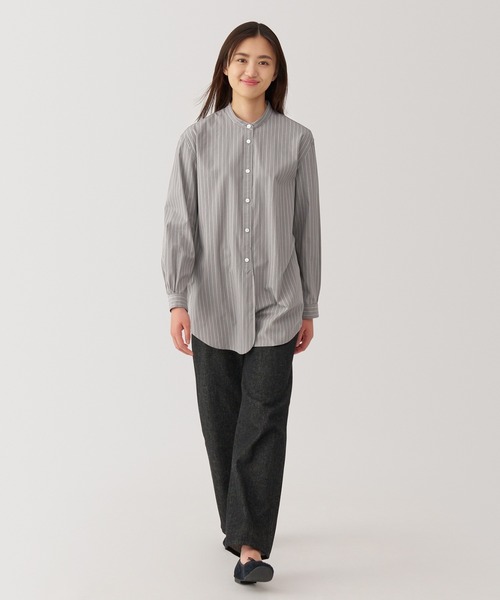 セール】婦人 洗いざらし ブロード スタンドカラー長袖ロングシャツ