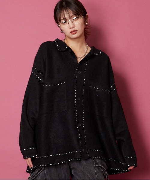 unrelaxing（アンリラクシング）の「ハンドステッチ ブラッシュドカーディガン　ハンドステッチニットGジャン（ブルゾン・メンズ・スミクロ/ブラック×パープル/ブラック×ホワイト/ブラック/ホワイト/ライトブルー/アイボリー/カーキ/ネイビー・FREE）」の4枚目の写真