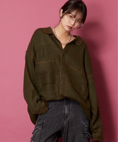 unrelaxing（アンリラクシング）の「ハンドステッチ ブラッシュドカーディガン　ハンドステッチニットGジャン（ブルゾン・メンズ・スミクロ/ブラック×パープル/ブラック×ホワイト/ブラック/ホワイト/ライトブルー/アイボリー/カーキ/ネイビー・FREE）」の7枚目の写真