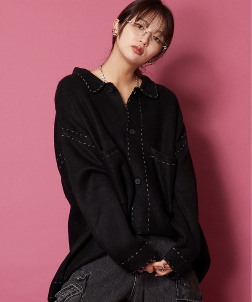 unrelaxing（アンリラクシング）の「ハンドステッチ ブラッシュドカーディガン　ハンドステッチニットGジャン（ブルゾン・メンズ・スミクロ/ブラック×パープル/ブラック×ホワイト/ブラック/ホワイト/ライトブルー/アイボリー/カーキ/ネイビー・FREE）」の3枚目の写真