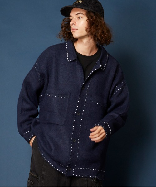 unrelaxing（アンリラクシング）の「ハンドステッチ ブラッシュドカーディガン　ハンドステッチニットGジャン（ブルゾン・メンズ・スミクロ/ブラック×パープル/ブラック×ホワイト/ブラック/ホワイト/ライトブルー/アイボリー/カーキ/ネイビー・FREE）」の14枚目の写真