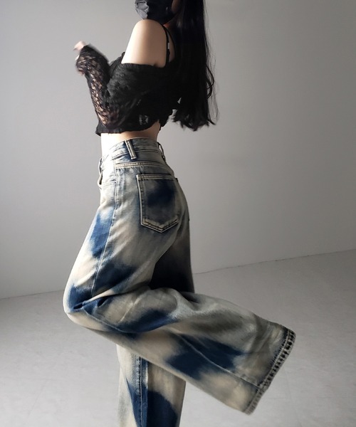 【1点モノ】リメイク　ブリーチ加工　渦巻き　陰陽　デニムパンツ　ブラック YOKE - 【残り一点】Bleached Denim Wide Straight 5P Pants