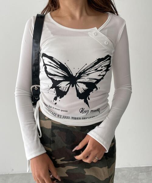 dispark（ディスパーク）の「DISPARK/バタフライマルチデザインスリーブロンT（Tシャツ/カットソー・レディース・ホワイト/ブラック・FREE）」の6枚目の写真