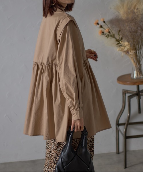 スタンドカラーレイヤード風チュニックブラウス（シャツ