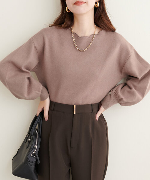 natural couture(ナチュラルクチュール)の「衿ぐり刺繍スカラップニット(ニット/セーター・レディース・ミント/モカ/グレイッシュベージュ/オフホワイト/グレー/ブラック・FREE)」の1枚目の写真