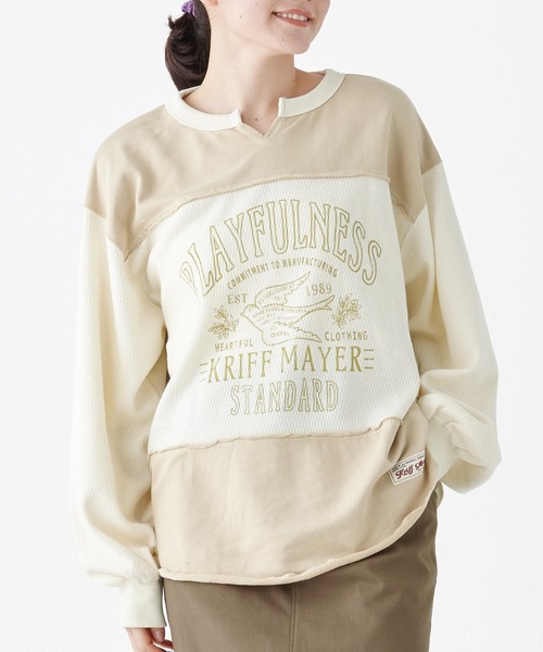 【美品】芽風 MEFU 英字プリント 長袖プルオーバー ホワイト 38サイズ サーマル切替プリントロンT（Tシャツ/カットソー）｜KRIFF MAYER