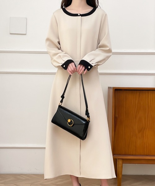 ABITOKYO（アビトーキョー）の「パールボタンウエストマークバイカラーワンピース（ワンピース・レディース・ベージュ/ブラック・M/L/XL）」の14枚目の写真