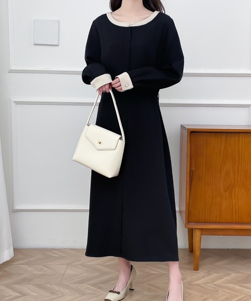 ABITOKYO（アビトーキョー）の「パールボタンウエストマークバイカラーワンピース（ワンピース・レディース・ベージュ/ブラック・M/L/XL）」の19枚目の写真