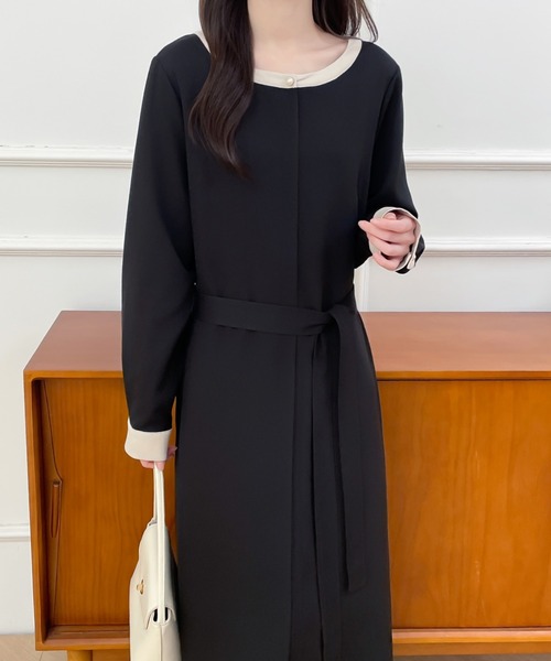 ABITOKYO（アビトーキョー）の「パールボタンウエストマークバイカラーワンピース（ワンピース・レディース・ベージュ/ブラック・M/L/XL）」の22枚目の写真