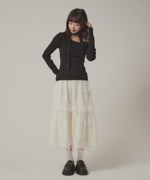 BLANK　（ブランク）の「Flower Lace Tiered Skirt / フラワーレースティアードスカート（スカート・レディース・ブラック/ホワイト・FREE）」の5枚目の写真