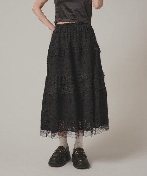 BLANK　（ブランク）の「Flower Lace Tiered Skirt / フラワーレースティアードスカート（スカート・レディース・ブラック/ホワイト・FREE）」の10枚目の写真
