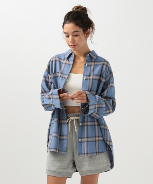 BAYFLOW（ベイフロー）の「[春先まで長く着られる]ソフトビエラチェックシャツ（シャツ/ブラウス・レディース・ベージュ/オフホワイト/ピンク/ブルー・FREE）」の3枚目の写真