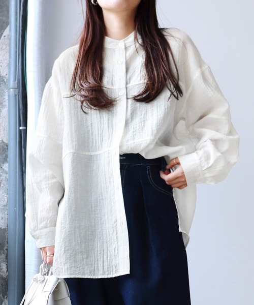 reca(レカ)の「胸切替シアーバンドカラーシャツ(シャツ/ブラウス・レディース・オフホワイト/ブルー/ブラック/ブラウン系その他/パープル・M)」の6枚目の写真