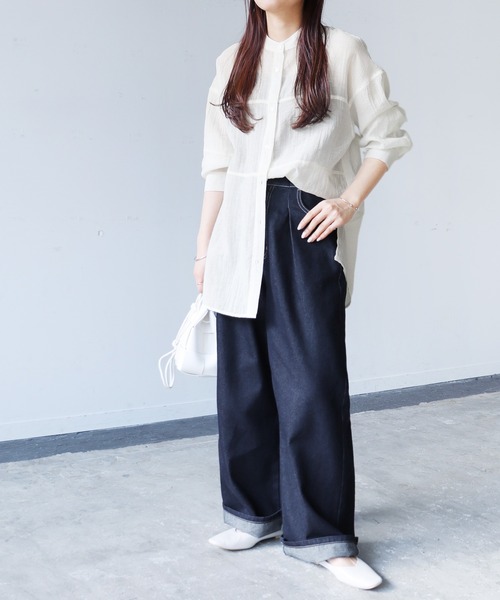 reca(レカ)の「胸切替シアーバンドカラーシャツ(シャツ/ブラウス・レディース・オフホワイト/ブルー/ブラック/ブラウン系その他/パープル・M)」の7枚目の写真