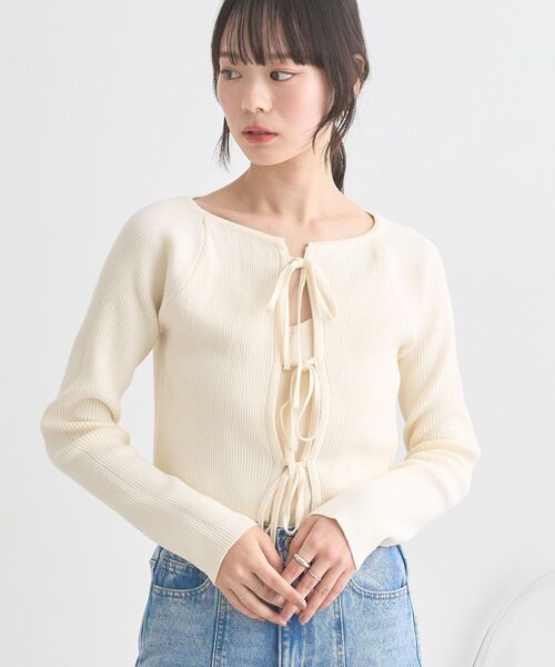 earth music&ecology(アースミュージックアンドエコロジー)の「フロントリボンリブニットカーディガン(カーディガン/ボレロ・レディース・ブラック/ブルー系その他7/アイボリー・FREE)」の5枚目の写真