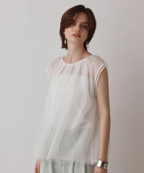 Diagram(ダイアグラム)の「チュールタックノースリーブ(シャツ/ブラウス・レディース・ライトグリーン/ホワイト/ブラック・36)」の6枚目の写真