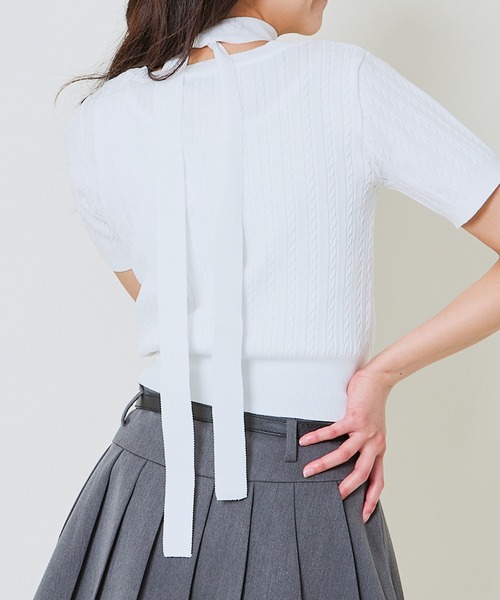 GORGE(ゴージ)の「《リボンタイ風×半袖ニット》レディース クロップドプルオーバー コンパクト ショート丈 春夏秋(ニット/セーター・レディース・オフホワイト/グレー/ブラック・F)」の12枚目の写真