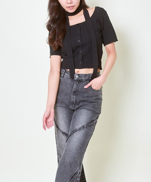 GORGE(ゴージ)の「《リボンタイ風×半袖ニット》レディース クロップドプルオーバー コンパクト ショート丈 春夏秋(ニット/セーター・レディース・オフホワイト/グレー/ブラック・F)」の20枚目の写真