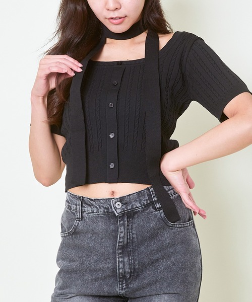 GORGE(ゴージ)の「《リボンタイ風×半袖ニット》レディース クロップドプルオーバー コンパクト ショート丈 春夏秋(ニット/セーター・レディース・オフホワイト/グレー/ブラック・F)」の21枚目の写真
