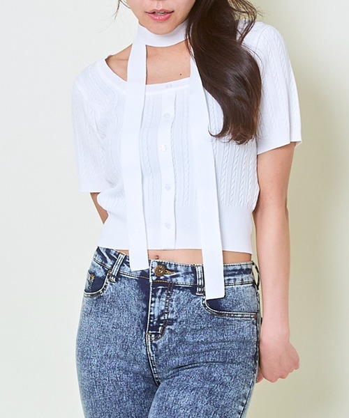 GORGE(ゴージ)の「《リボンタイ風×半袖ニット》レディース クロップドプルオーバー コンパクト ショート丈 春夏秋(ニット/セーター・レディース・オフホワイト/グレー/ブラック・F)」の22枚目の写真