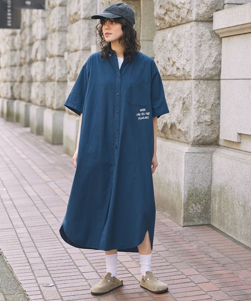 セール】メッセージ刺繍 バンドカラー 半袖シャツワンピース