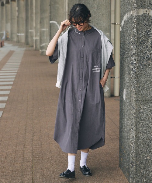 美品♪MHL コットンポプリン シャツワンピース バンドカラー 半袖 美品♪MHL コットンポプリン シャツワンピース バンドカラー