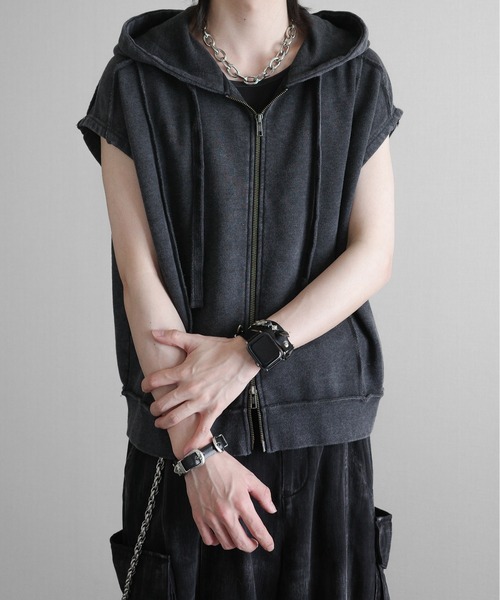 セール】Chemical-Wash Sleeveless Zip Hoodie - ケミカル加工