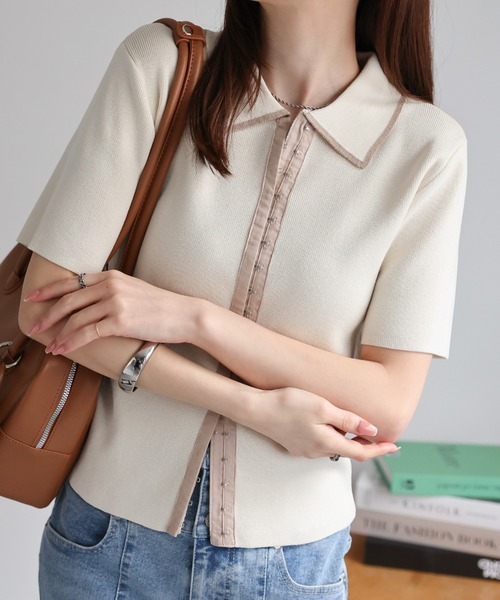 【mayonaka様】YONFAポロニット ミント セール】フロントホック配色ポロニット/トップス/麻タッチ