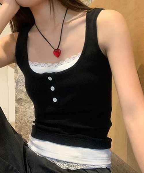 HALEY PESCA（ヘーリーペスカ）の「HALEY PESCA/カップ付き　バイカラー　レイヤードレースタンクトップ（タンクトップ・レディース・ホワイト/ブラック/グレー/レッド・FREE）」の2枚目の写真