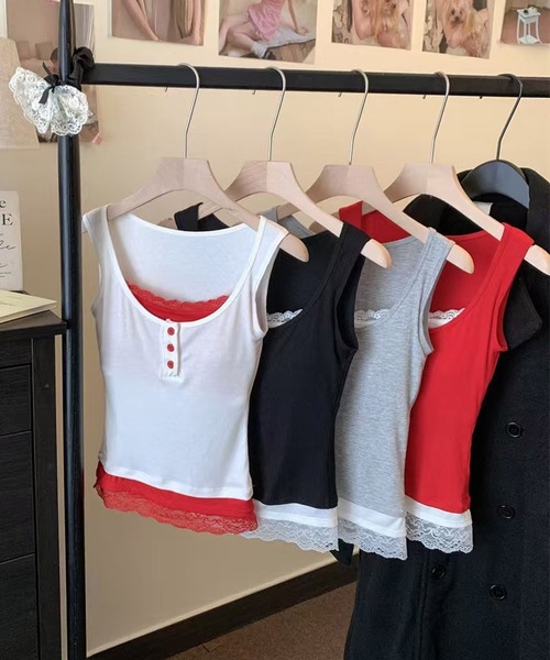 HALEY PESCA（ヘーリーペスカ）の「HALEY PESCA/カップ付き　バイカラー　レイヤードレースタンクトップ（タンクトップ・レディース・ホワイト/ブラック/グレー/レッド・FREE）」の13枚目の写真