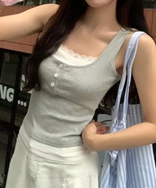 HALEY PESCA（ヘーリーペスカ）の「HALEY PESCA/カップ付き　バイカラー　レイヤードレースタンクトップ（タンクトップ・レディース・ホワイト/ブラック/グレー/レッド・FREE）」の10枚目の写真