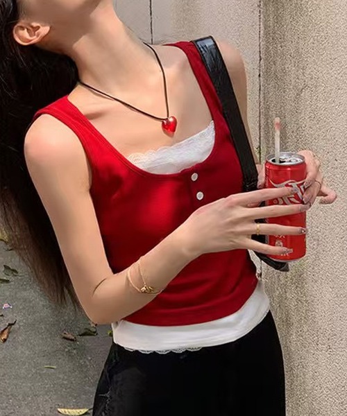 HALEY PESCA（ヘーリーペスカ）の「HALEY PESCA/カップ付き　バイカラー　レイヤードレースタンクトップ（タンクトップ・レディース・ホワイト/ブラック/グレー/レッド・FREE）」の9枚目の写真