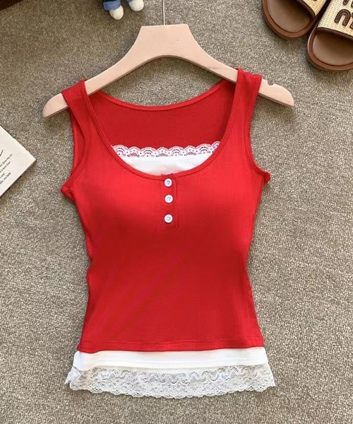 HALEY PESCA（ヘーリーペスカ）の「HALEY PESCA/カップ付き　バイカラー　レイヤードレースタンクトップ（タンクトップ・レディース・ホワイト/ブラック/グレー/レッド・FREE）」の5枚目の写真