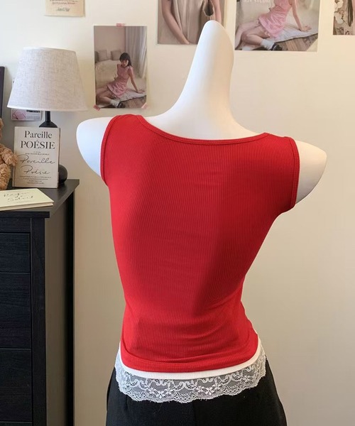 HALEY PESCA（ヘーリーペスカ）の「HALEY PESCA/カップ付き　バイカラー　レイヤードレースタンクトップ（タンクトップ・レディース・ホワイト/ブラック/グレー/レッド・FREE）」の19枚目の写真