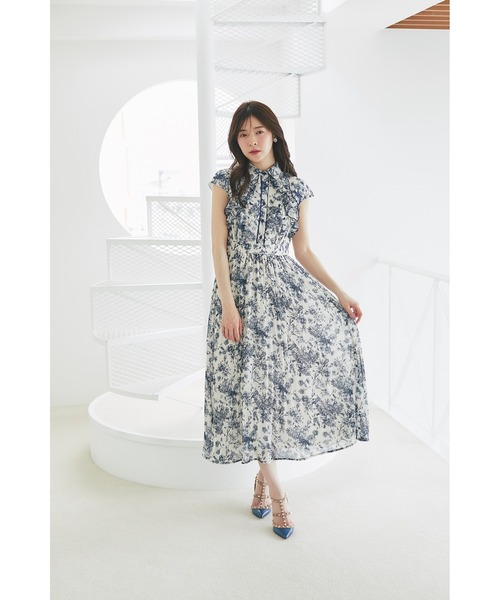 トッコクローゼット1回着用完売プリントシャツプリーツワンピース（ネイビー） フリル付きフラワープリントシャツプリーツワンピース