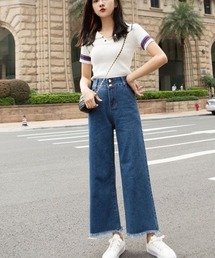 【URGE：】ハイウエスト 切りっぱなし 裾フリンジ デニム パンツ