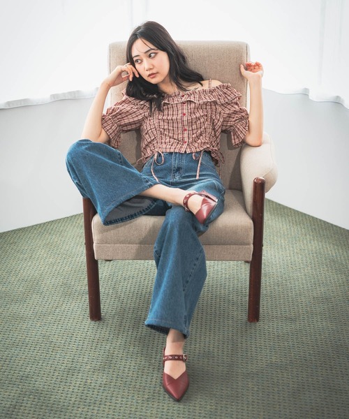 3.3 Field Trip （3.3フィールドトリップ）の「3.3 Field Trip／チェックオフショルブラウス（シャツ/ブラウス・レディース・ネイビー/レッド・FREE）」の6枚目の写真