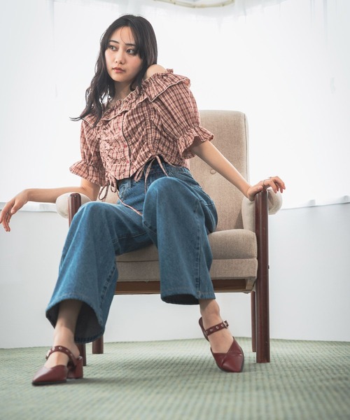 3.3 Field Trip （3.3フィールドトリップ）の「3.3 Field Trip／チェックオフショルブラウス（シャツ/ブラウス・レディース・ネイビー/レッド・FREE）」の5枚目の写真