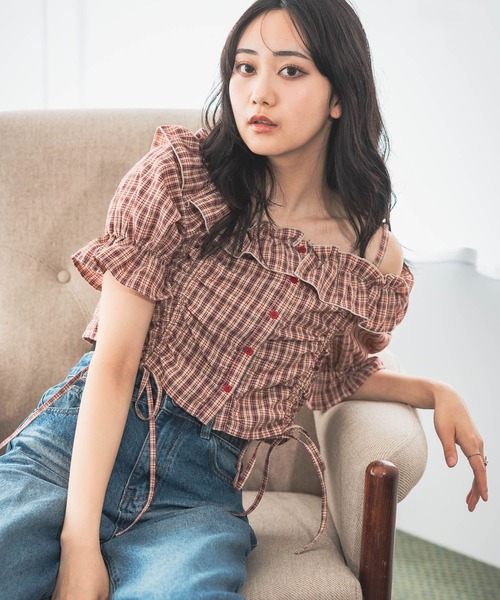 3.3 Field Trip （3.3フィールドトリップ）の「3.3 Field Trip／チェックオフショルブラウス（シャツ/ブラウス・レディース・ネイビー/レッド・FREE）」の3枚目の写真