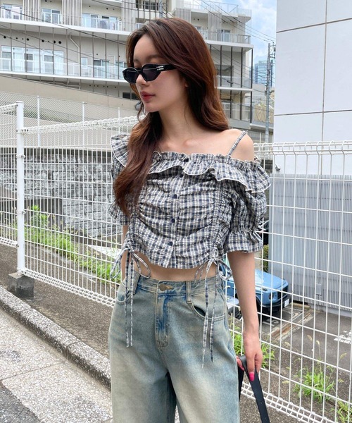 3.3 Field Trip （3.3フィールドトリップ）の「3.3 Field Trip／チェックオフショルブラウス（シャツ/ブラウス・レディース・ネイビー/レッド・FREE）」の21枚目の写真