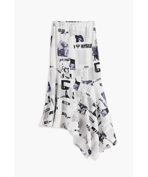 Desigual(デシグアル)の「新聞プリントアシンメトリーソフトスカート(スカート・レディース・ホワイト・S/M/L/XS/XL)」の2枚目の写真
