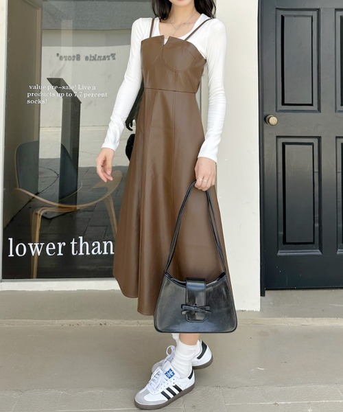 セール】フェイクレザー ビスチェライク デザイン キャミ