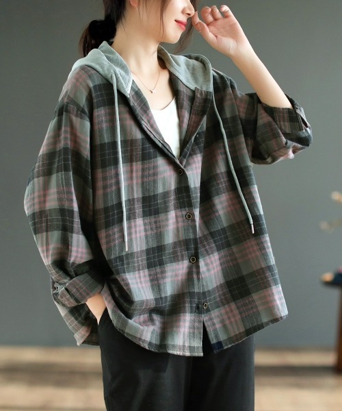 gossip!ロサンゼルス(ゴシップロサンゼルス)の「【Y2Kガーリー】レトロチェック柄フード付きライトシャツ(Tシャツ/カットソー・レディース・ネイビー/ブラウン/グレー・FREE)」の10枚目の写真