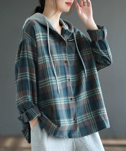 gossip!ロサンゼルス(ゴシップロサンゼルス)の「【Y2Kガーリー】レトロチェック柄フード付きライトシャツ(Tシャツ/カットソー・レディース・ネイビー/ブラウン/グレー・FREE)」の16枚目の写真