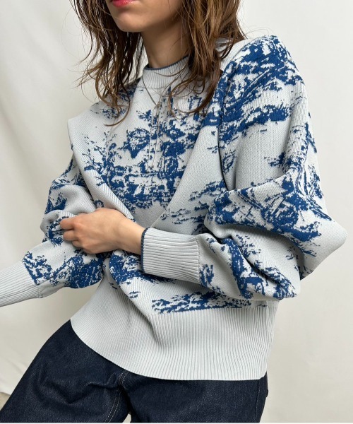palm RICHE(ポームリシュ)の「風景柄フクレジャガード編みニットトップス(ニット/セーター・レディース・ベージュ/ブルー/ブラック・M)」の3枚目の写真