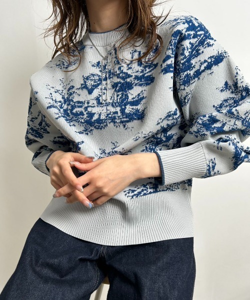 palm RICHE(ポームリシュ)の「風景柄フクレジャガード編みニットトップス(ニット/セーター・レディース・ベージュ/ブルー/ブラック・M)」の19枚目の写真