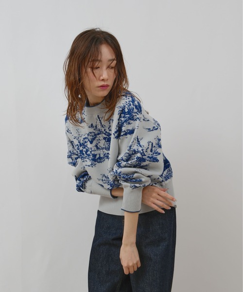 palm RICHE(ポームリシュ)の「風景柄フクレジャガード編みニットトップス(ニット/セーター・レディース・ベージュ/ブルー/ブラック・M)」の22枚目の写真