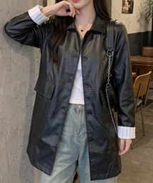 フェイクレザーロールアップスリーブロングジャケット