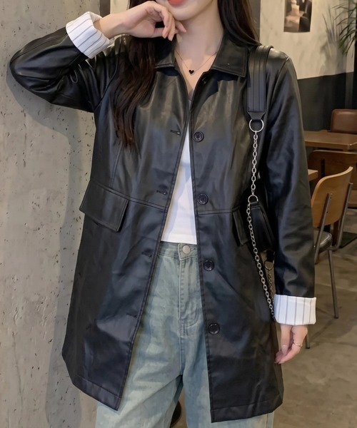 cammie(キャミー)の「フェイクレザーロールアップスリーブロングジャケット(その他アウター・レディース・ブラウン・L)」の1枚目の写真