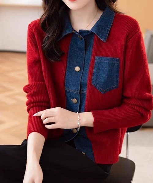 セール】デニム切り替え前ボタンニットカーデ（カーディガン/ボレロ